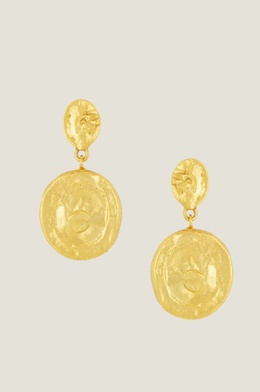 Gold coin drop earrings with textured finish.