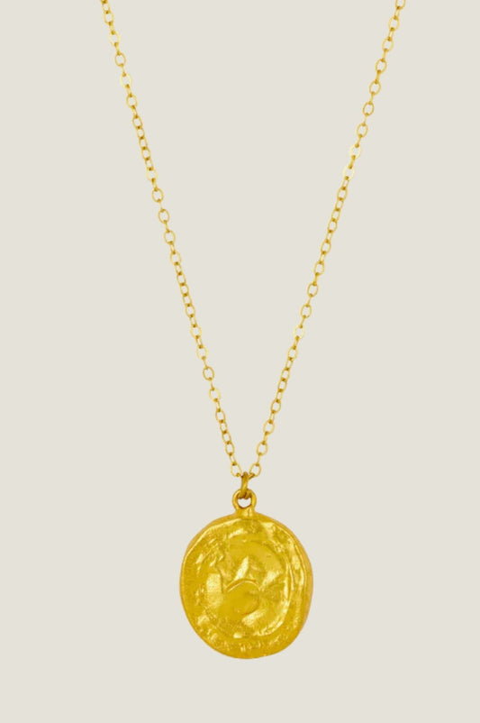 Gold coin pendant necklace with fine chain.