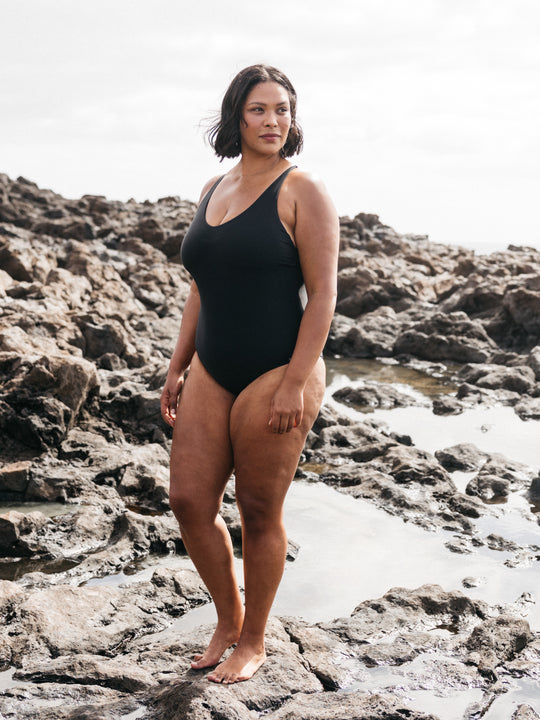 Black v-neck swimsuit.