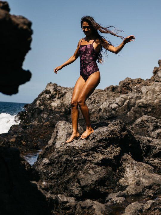 Deep plum marine print swimsuit.