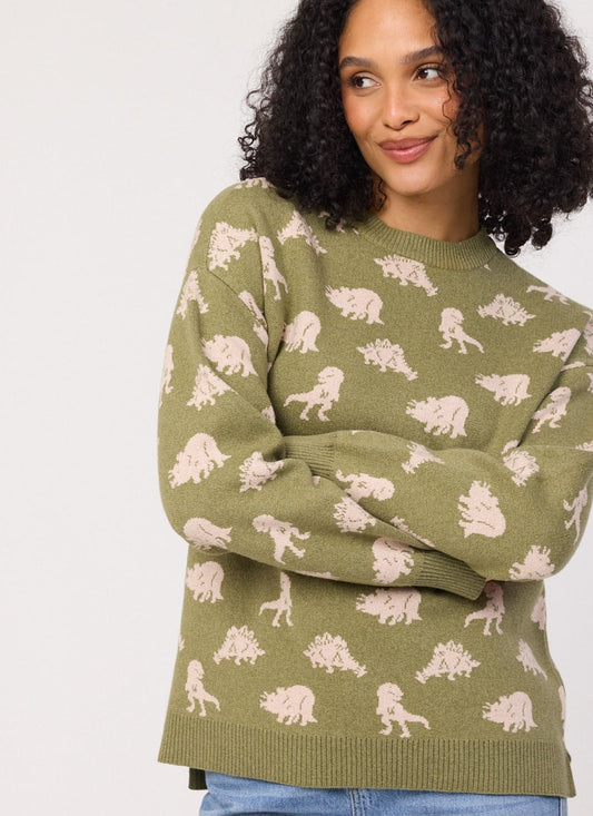 Sydney Dinosaur Intarsia Knit Oversized Jumper- Sustainable Organic Cotton (Green)