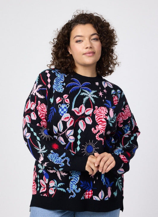 Sydney Tropical Tiger Intarsia Knit Oversized Jumper- (Black)