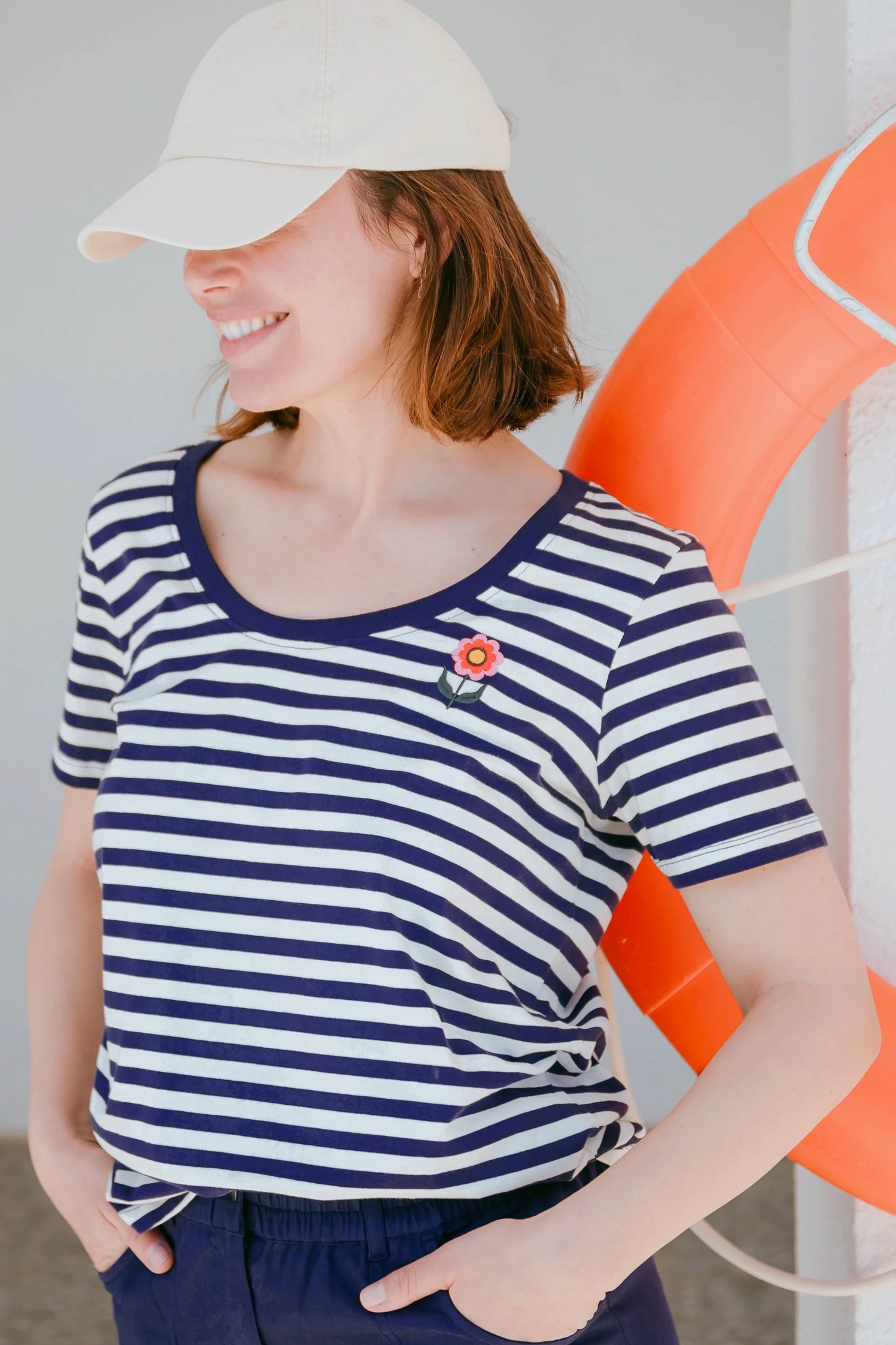 Sylvie Scoop Neck T-Shirt - White/Navy, Stripe & Folk Flower