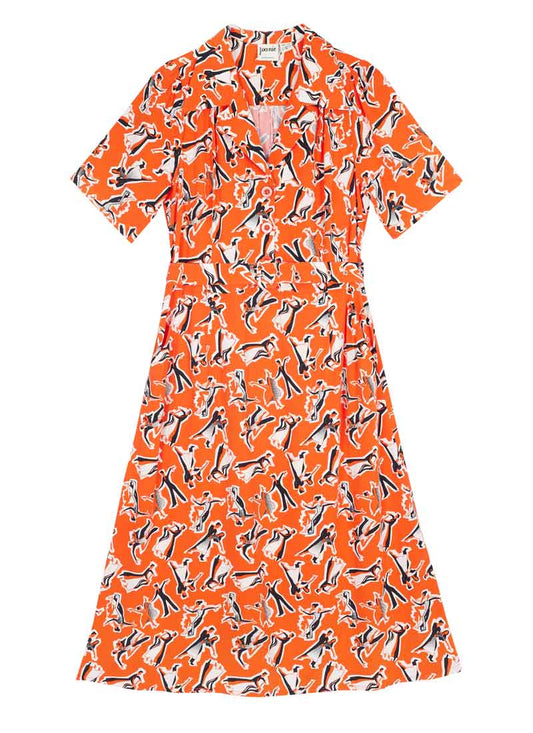 Tally Vintage Ballroom Print Midi Tea Dress - Orange