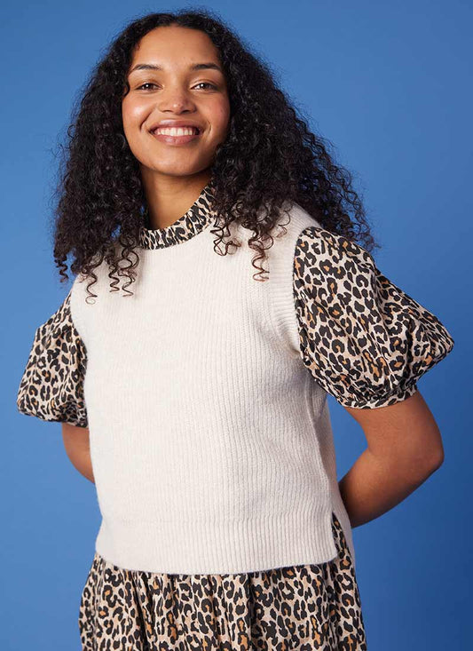 Tanya Round Neck Cardigan Stitch Tank Top - Cream