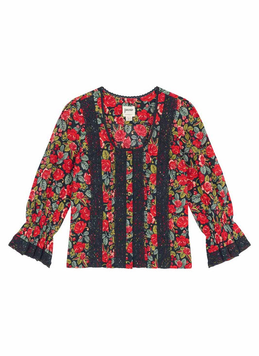 Teagan Antique Rose Print Crochet Trim Blouse (Red)
