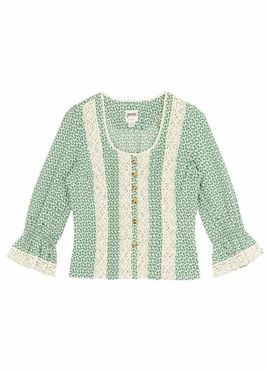 Teagan Sage Floral Print Crochet Trim Blouse (Green)