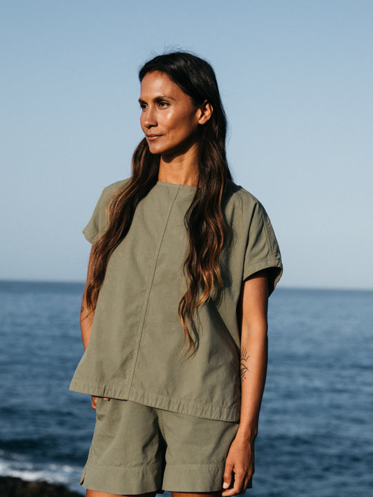 Olive green organic cotton and hemp top.