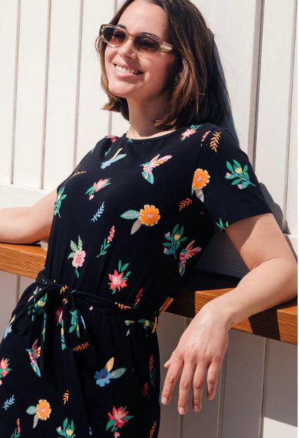 Terri Jersey Mini Dress - Black/Multi, Hummingbird Garden