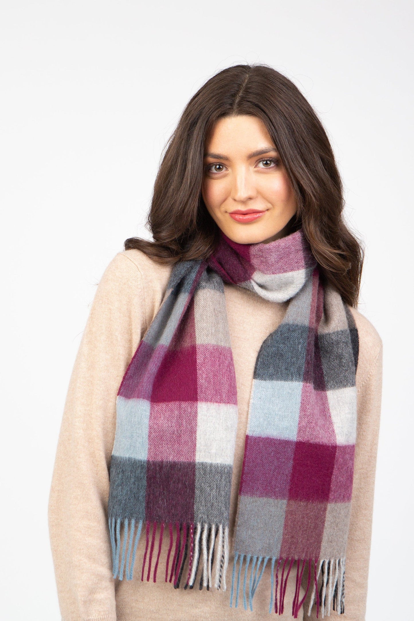Burgundy and grey check lambswool scarf by Kiltane.