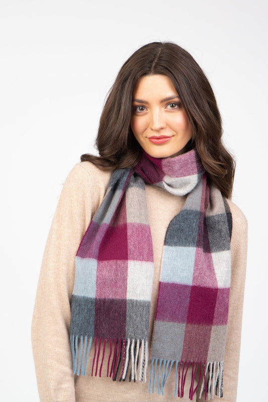 Burgundy and grey check lambswool scarf by Kiltane.