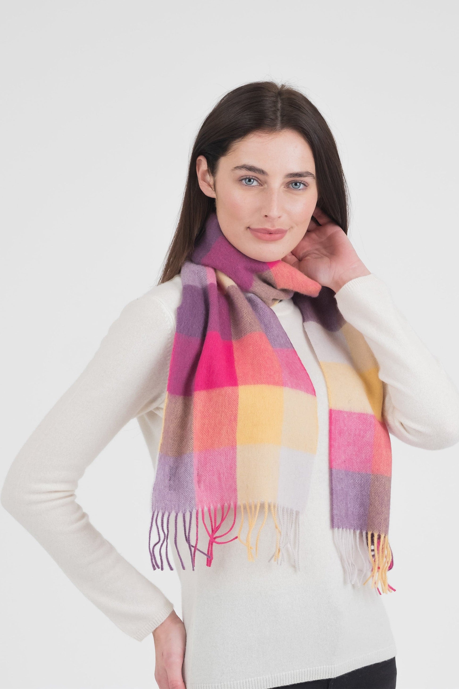 Yellow, pink, and purple checked lambswool scarf.