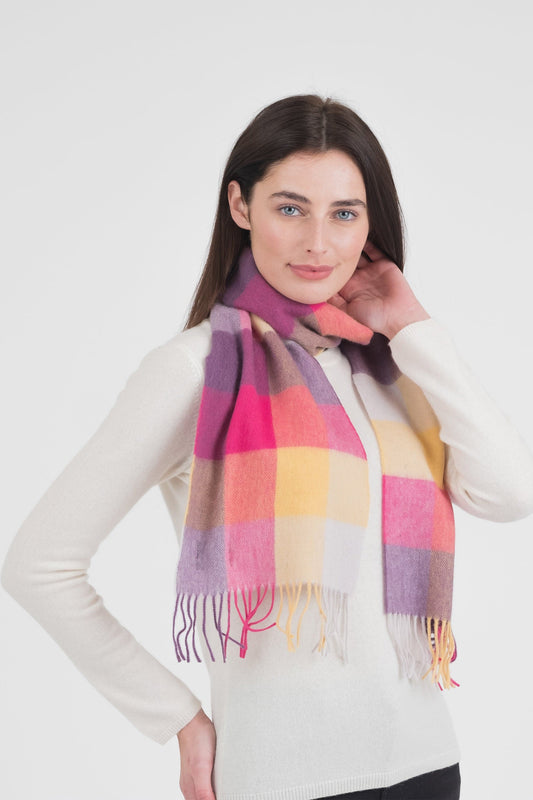 Yellow, pink, and purple checked lambswool scarf.