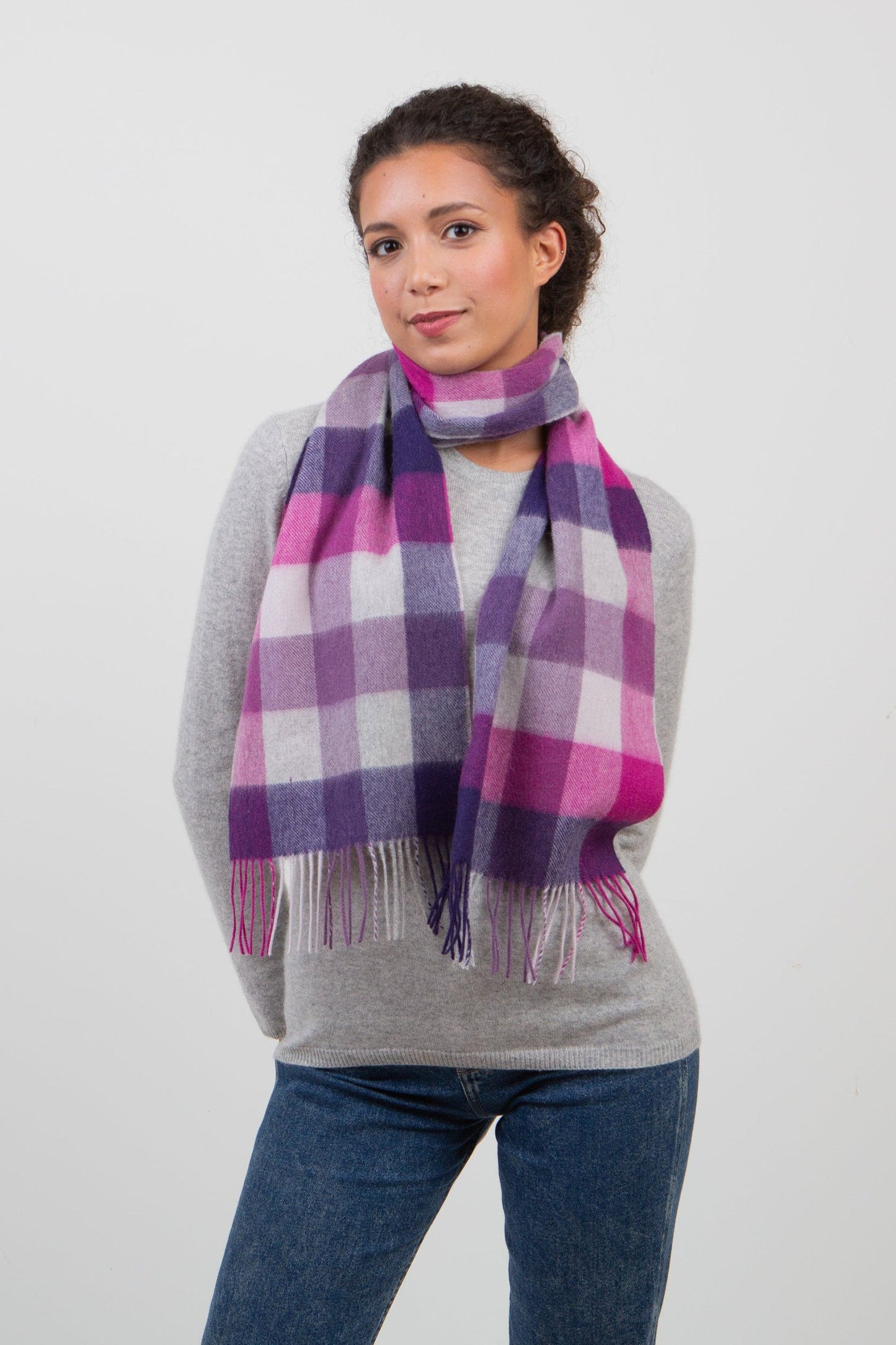 Purple, magenta, and grey checked lambswool scarf by Kiltane.
