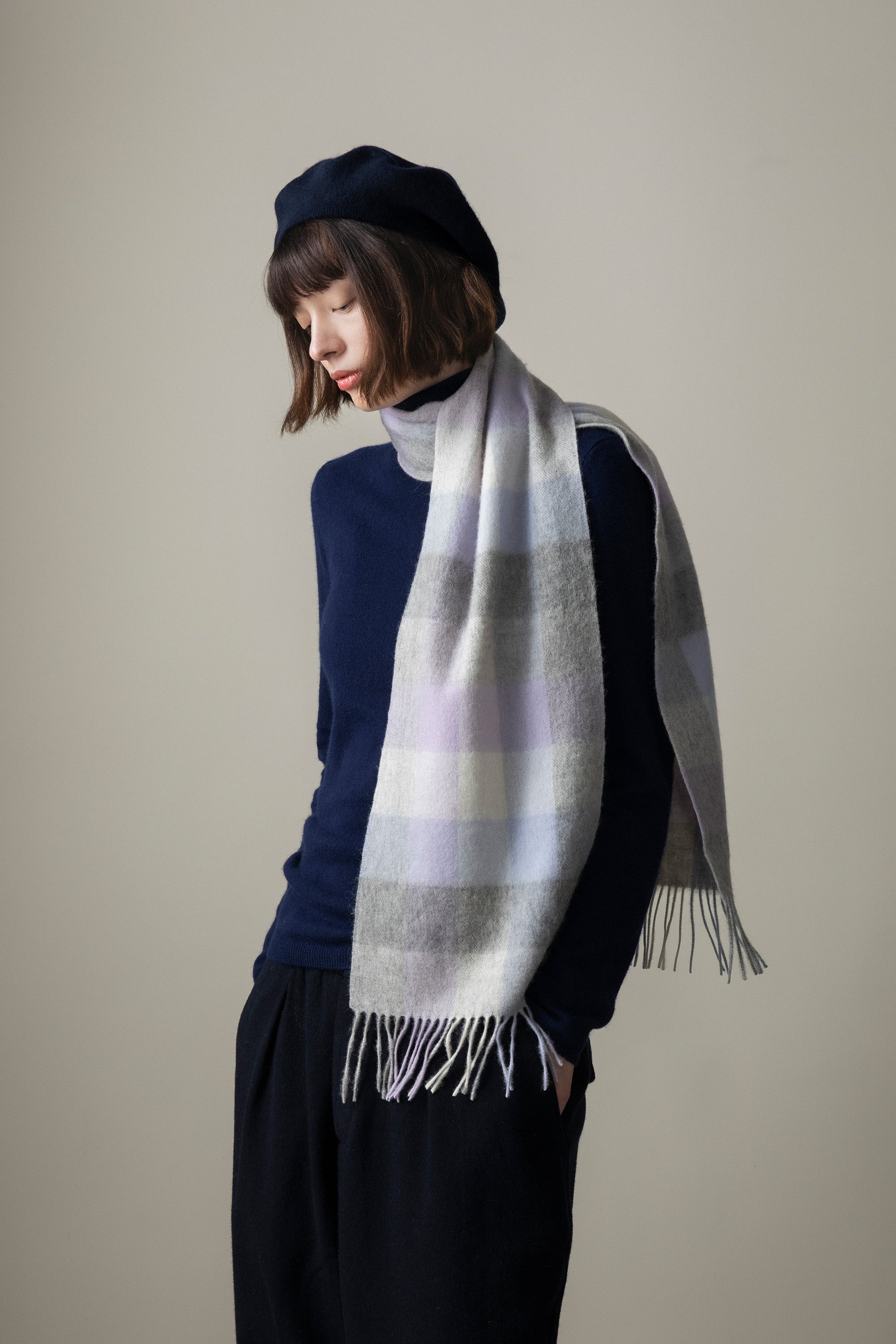Lilac and grey lambswool scarf by Kiltane.