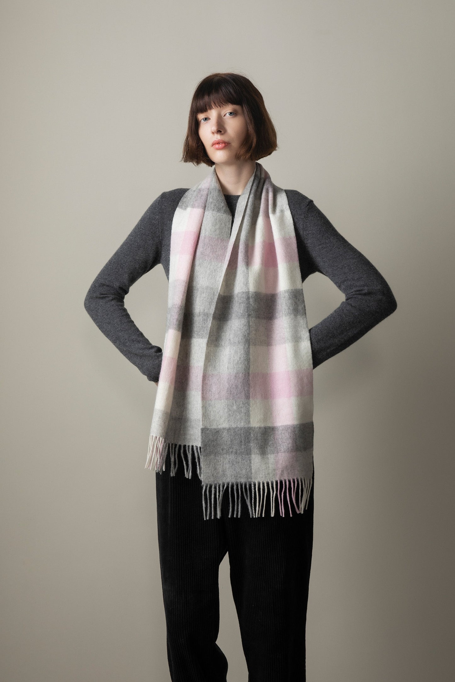 Soft grey and pink checked lambswool scarf by Kiltane.