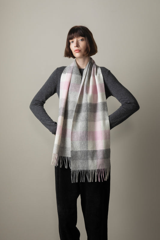 Soft grey and pink checked lambswool scarf by Kiltane.