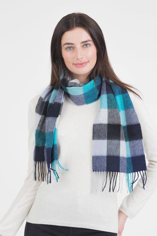 Bright blue, navy, and white checked lambswool scarf by Kiltane.