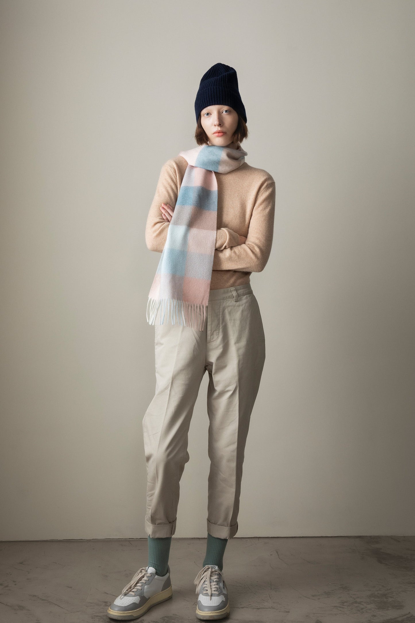 Pale blue and blush pink checked lambswool scarf by Kiltane.