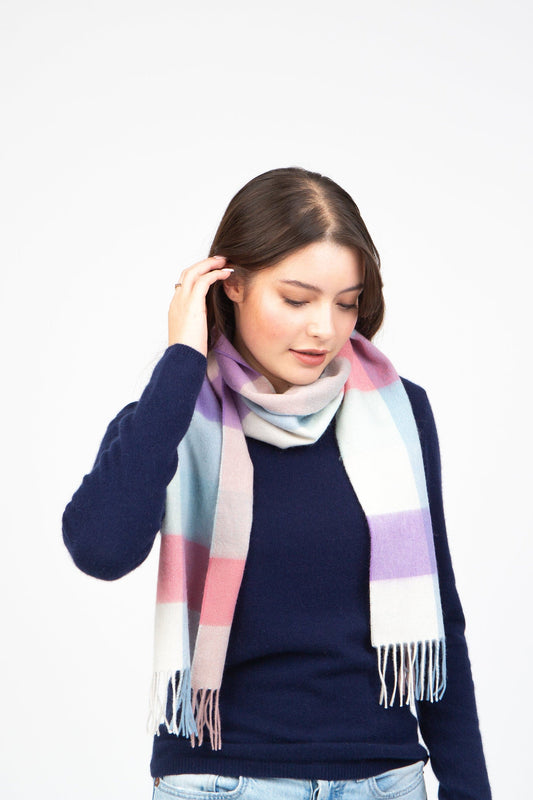Purple, pink, and white checked lambswool scarf by Kiltane.