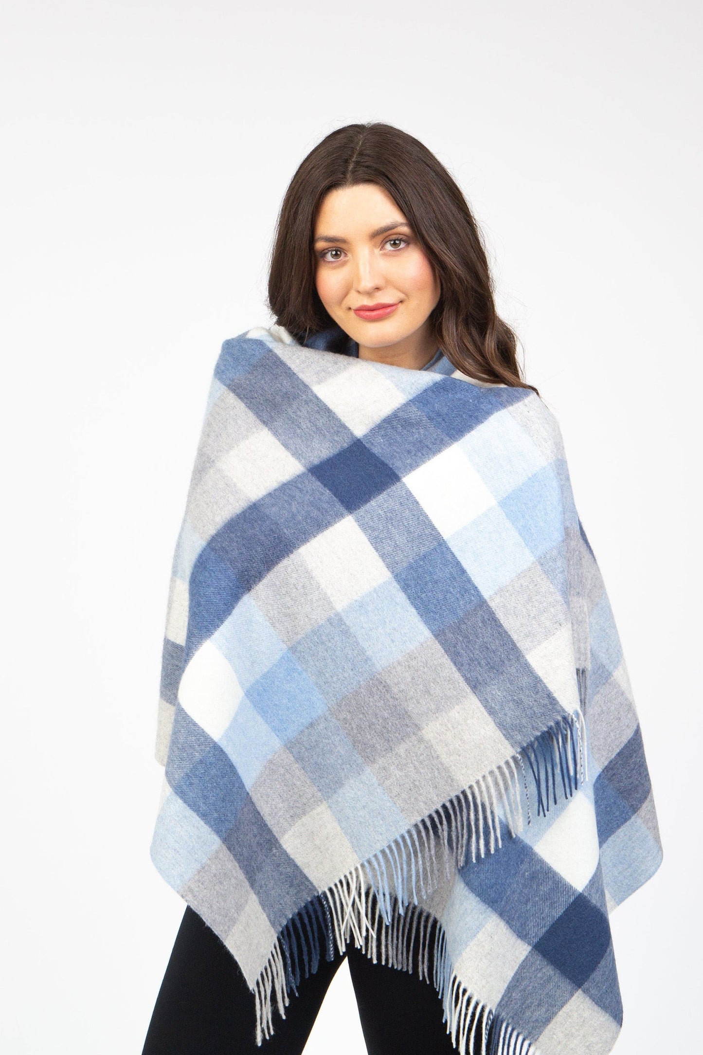 Blue and white checked lambswool stole by Kiltane.