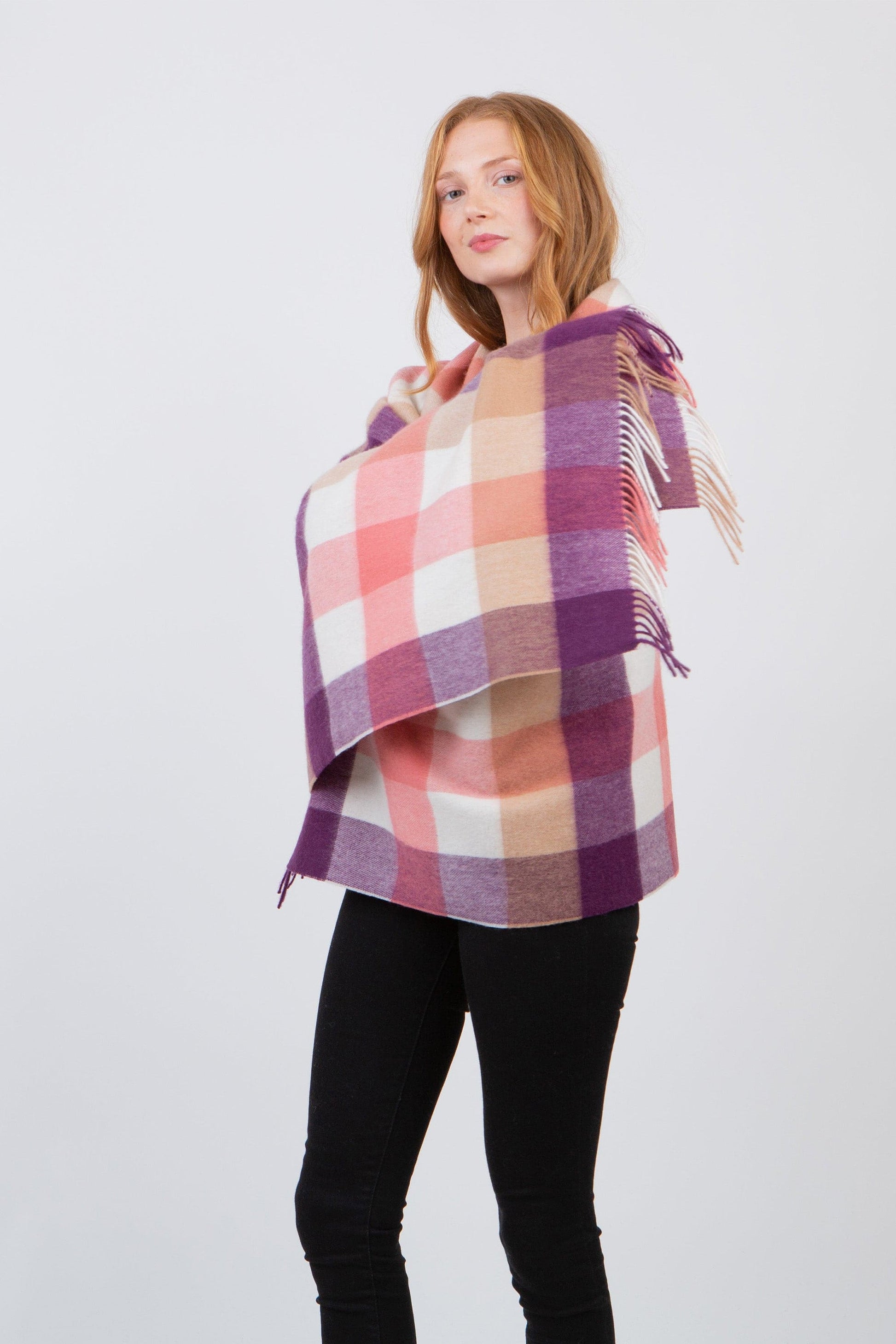 Purple, camel, coral, and cream checked lambswool stole by Kiltane.