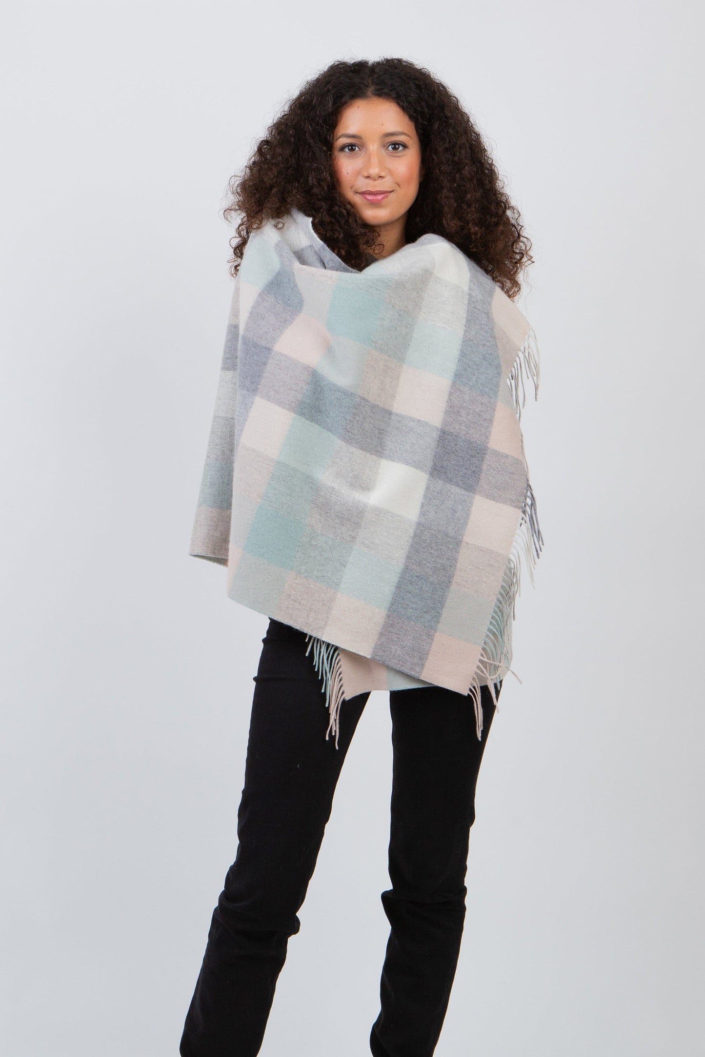 Soft grey, aqua, and beige checked lambswool stole by Kiltane.