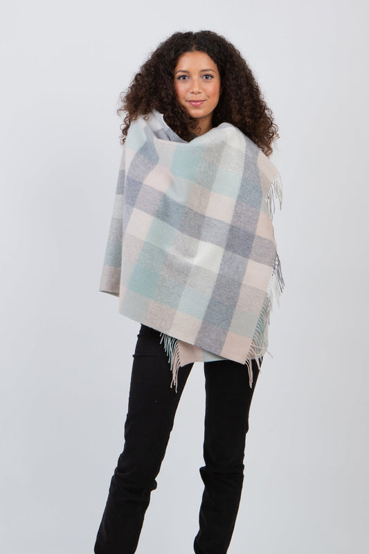 Soft grey, aqua, and beige checked lambswool stole by Kiltane.