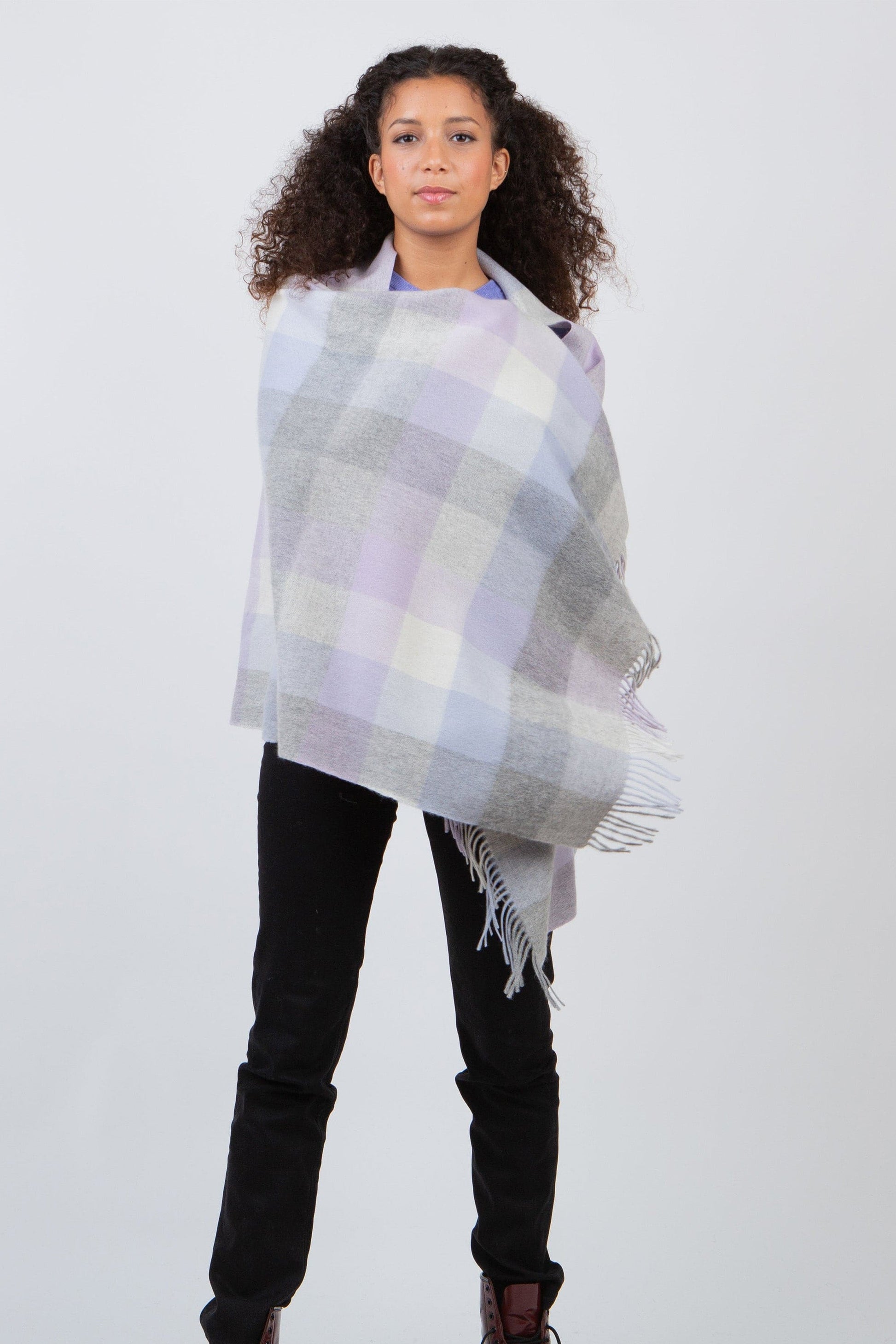 A soft lilac and grey checked lamswool knitted stole by Kiltane.