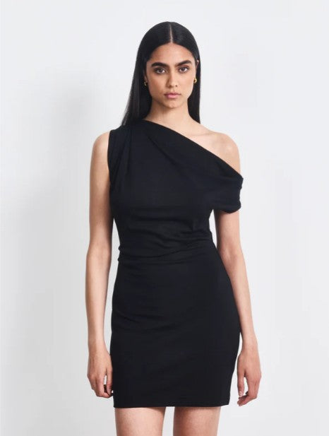 Black off-the-shoulder mini dress.