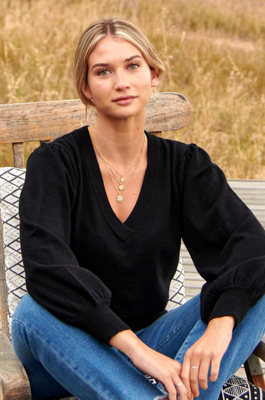 Black balloon sleeve merino cashmere jumper.