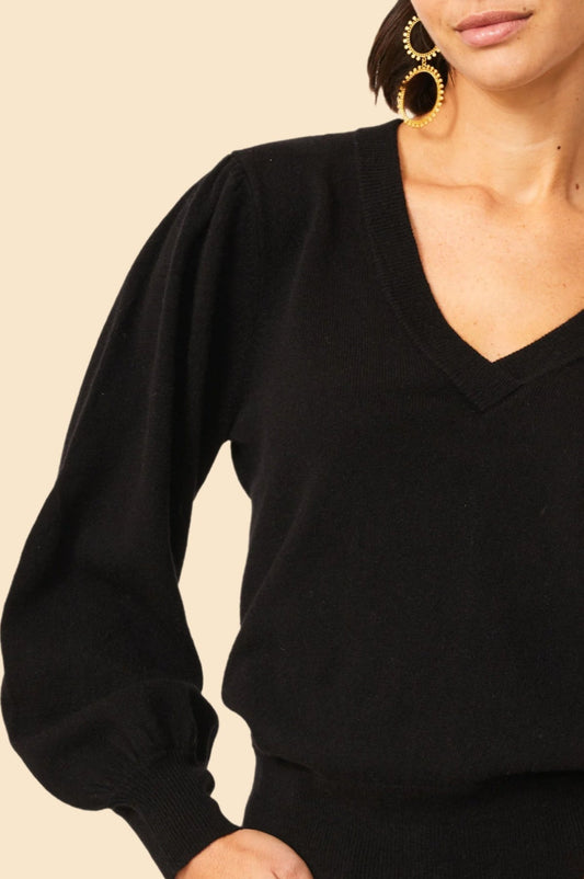 Merino Cashmere Blend V-Neck Jumper - Black Balloon Sleeve