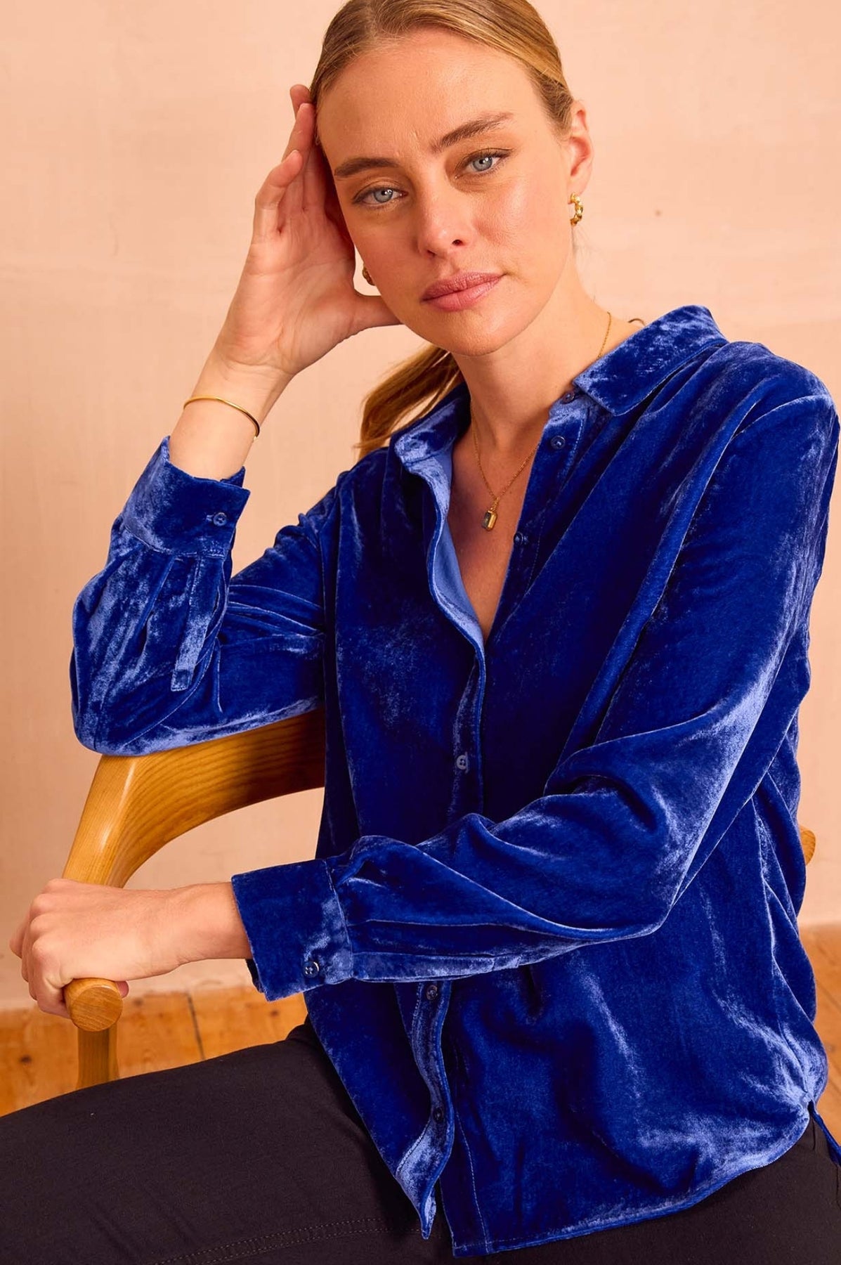Cobalt blue velvet shirt.