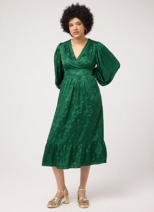 Victoria Floral Damask Balloon Sleeve Midaxi Dress - Gree