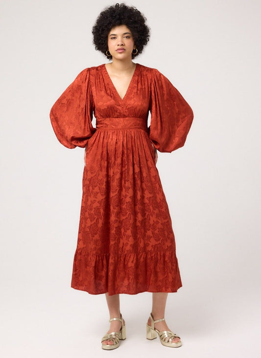 Victoria Floral Damask Balloon Sleeve Midaxi Dress - Clay