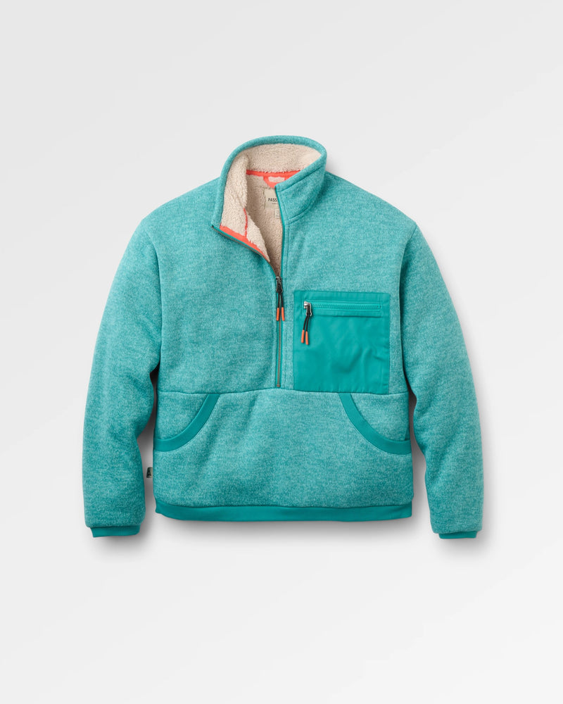 Teal fleece jacket with a zipper on a light grey background