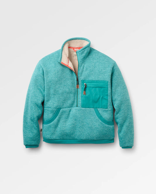 Teal fleece jacket with a zipper on a light grey background
