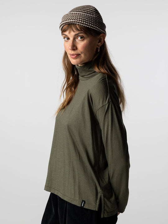 Olive green merino high neck baselayer.