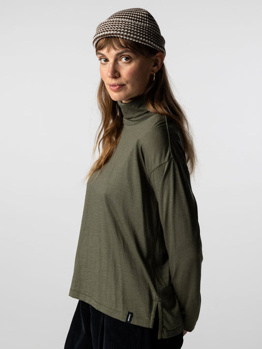 Olive green merino high neck baselayer.