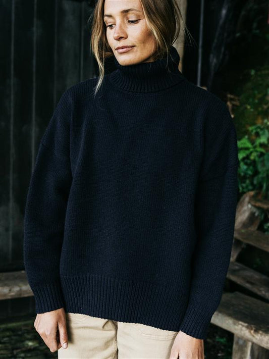 Wool blend navy roll neck jumper.