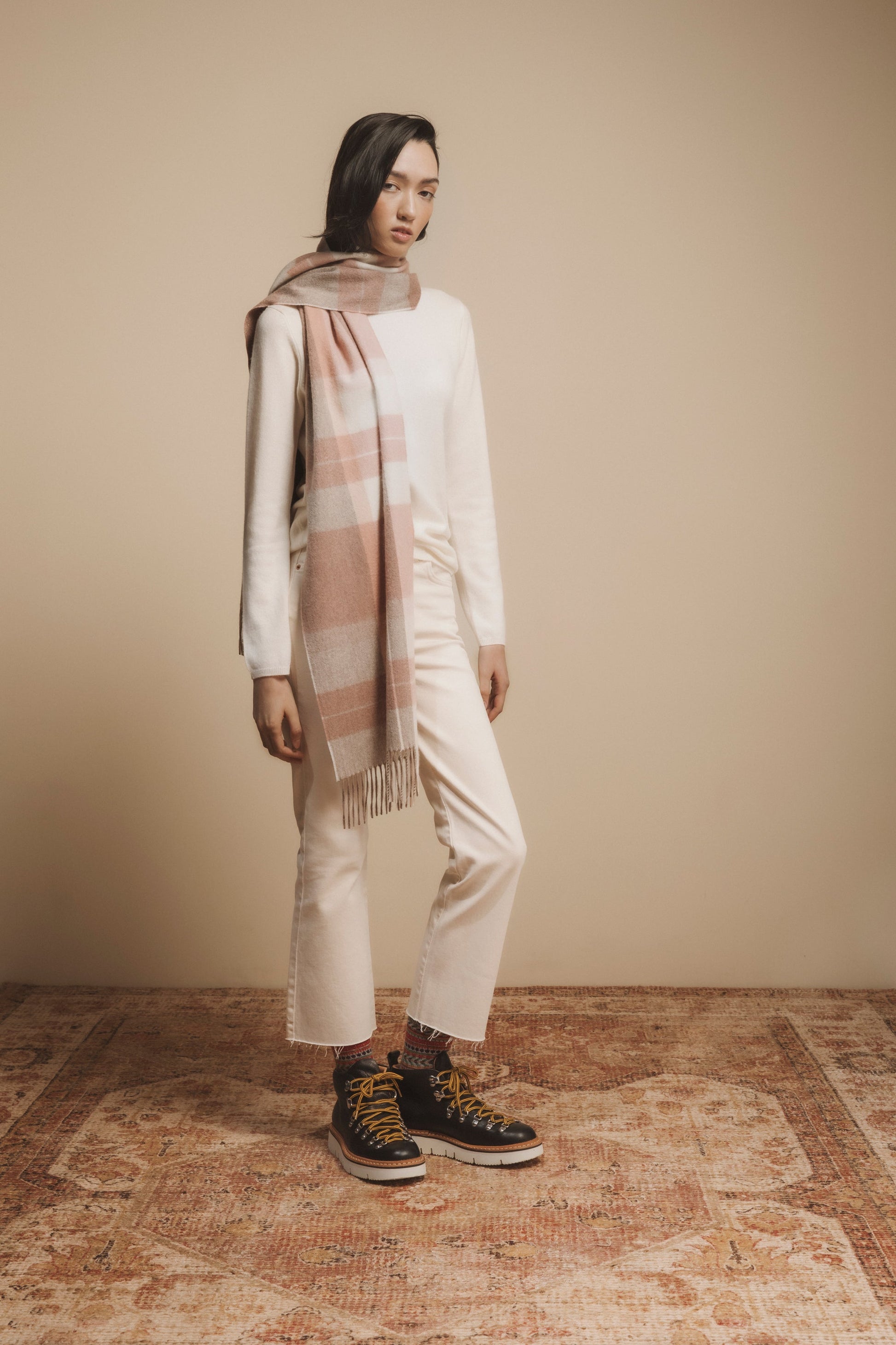 Blush pink and champagne beige cashmere checked scarf.