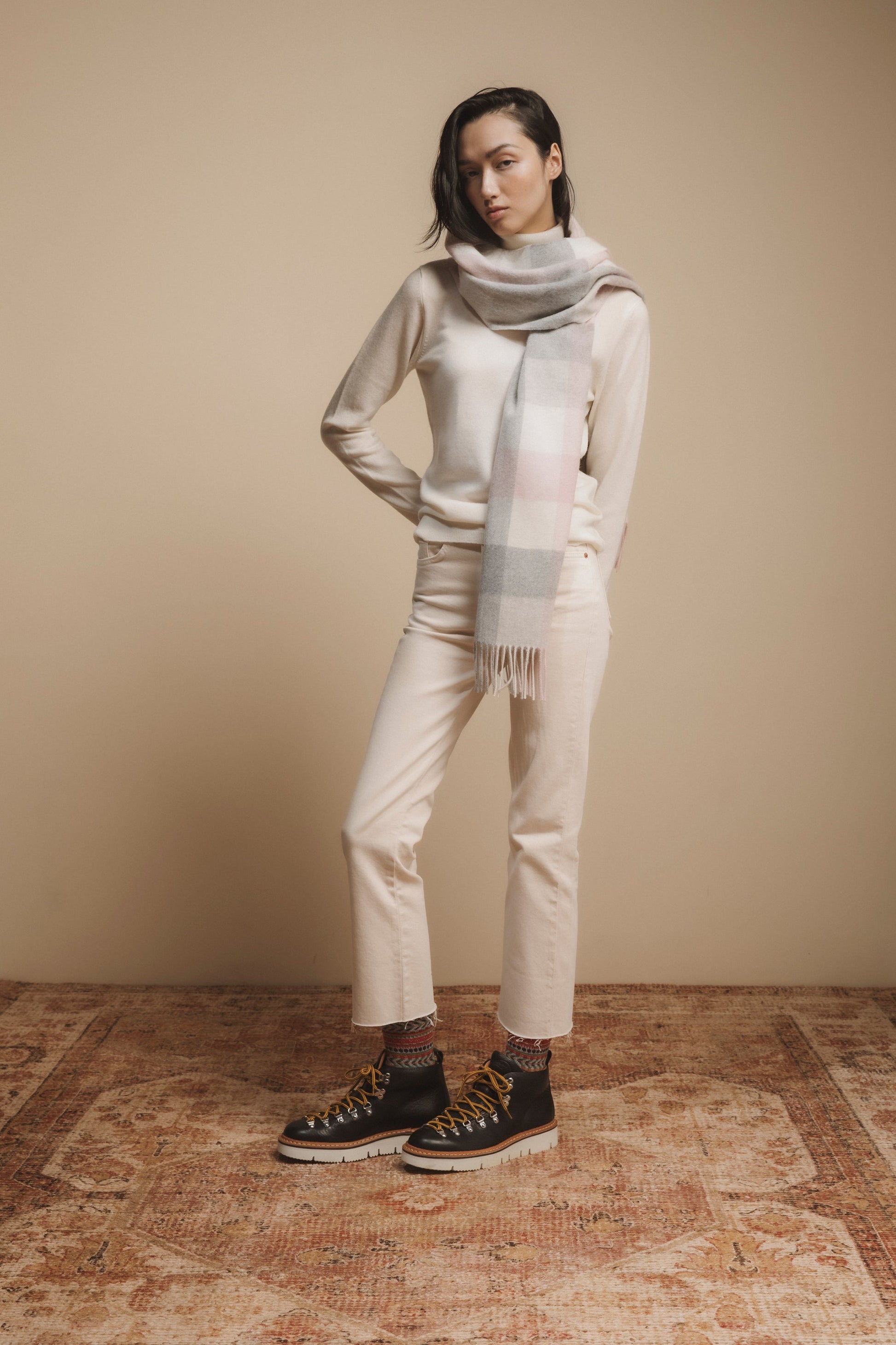 Pale grey and soft pink checked wide cashmere scarf by Kiltane.