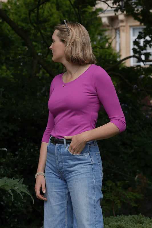 3/4 Sleeve Scoop Neck Cotton Modal Blend T-Shirt Pink