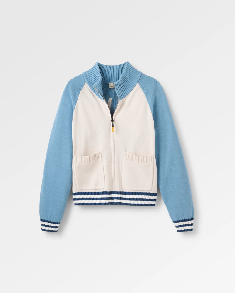 White and pale blue full zip knitted jacket.