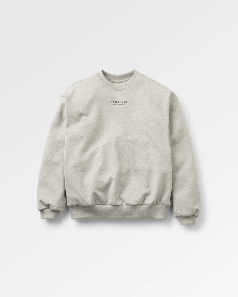 A light gray heather crewneck sweatshirt with a small black 'PASSENGER' logo printed on the chest, displayed on a clean white background.