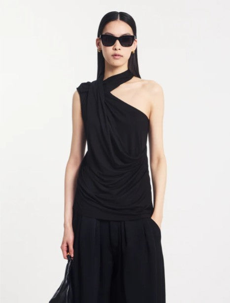 Zora Drape High Neck Top in Black